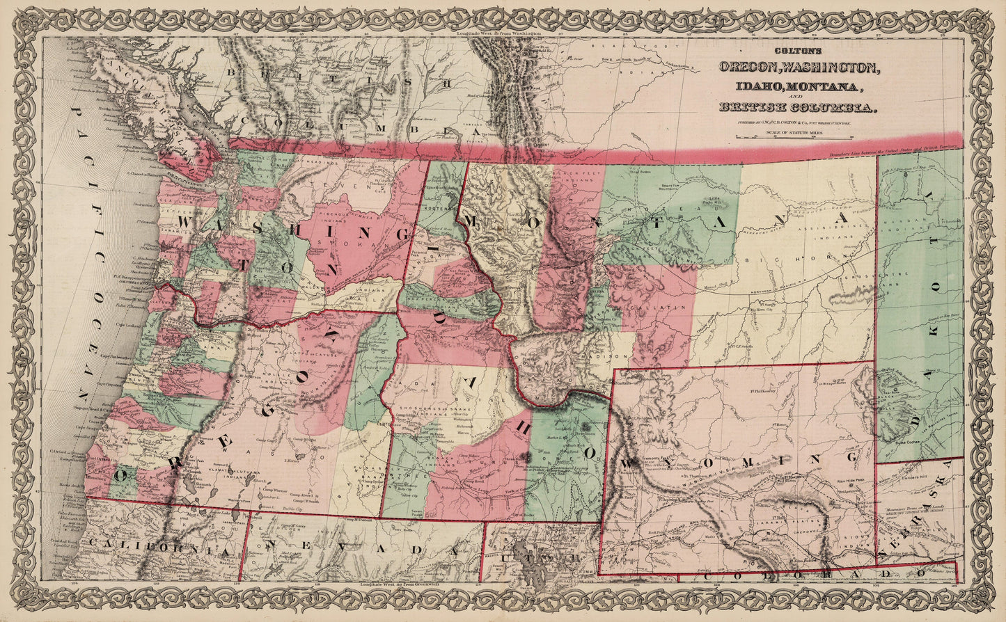 1869 Colton's Oregon, Washington, Idaho, Montana and British Columbia.