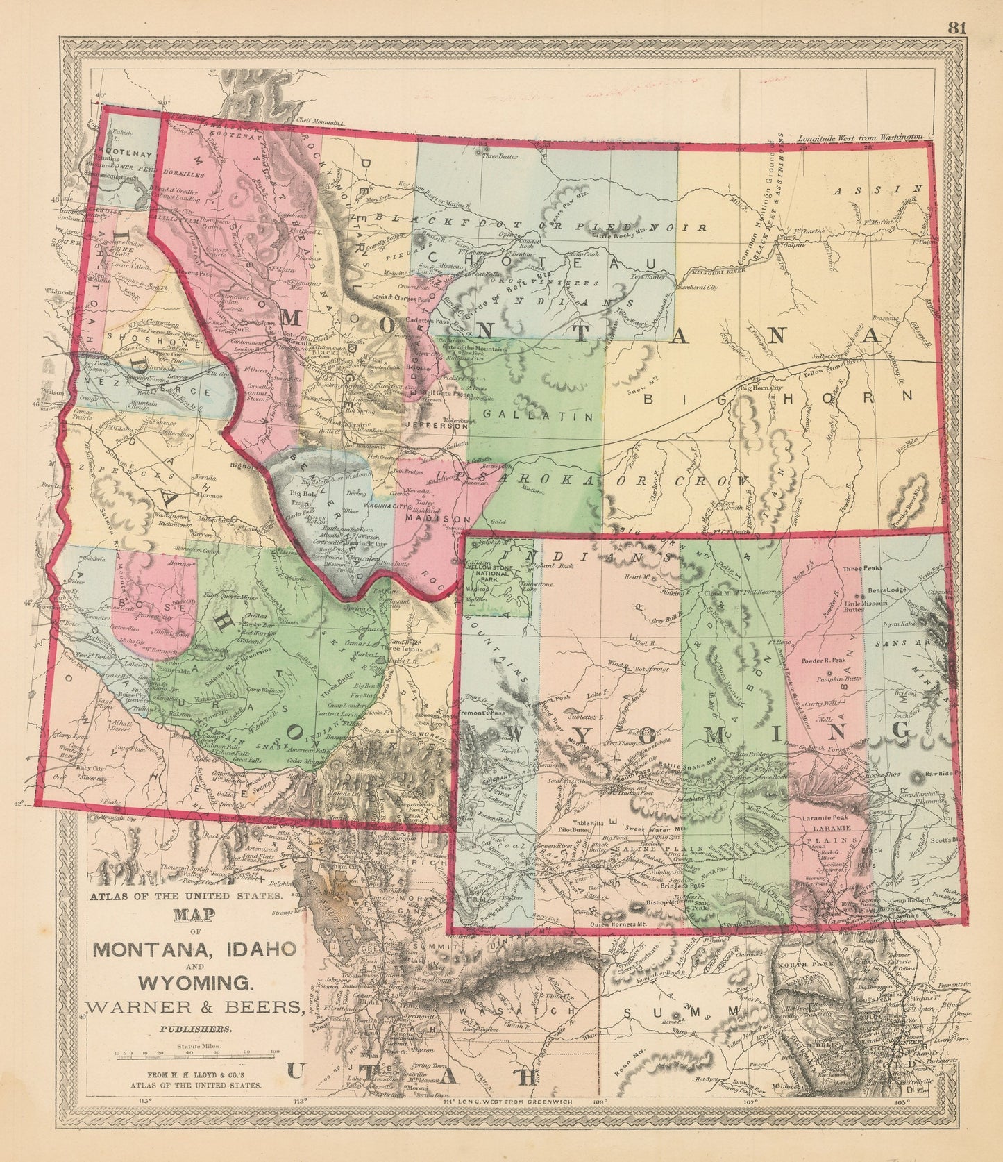 1872 Map of Montana, Idaho, and Wyoming
