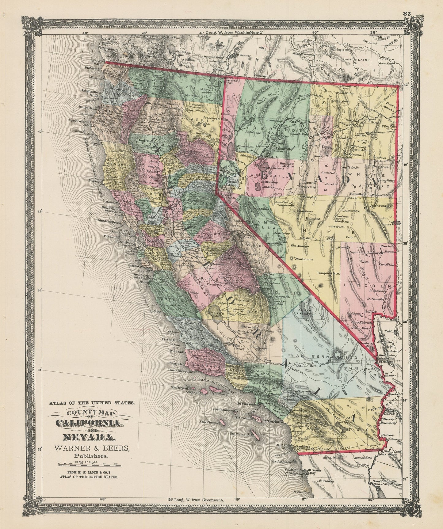 1875 County Map of California and Nevada