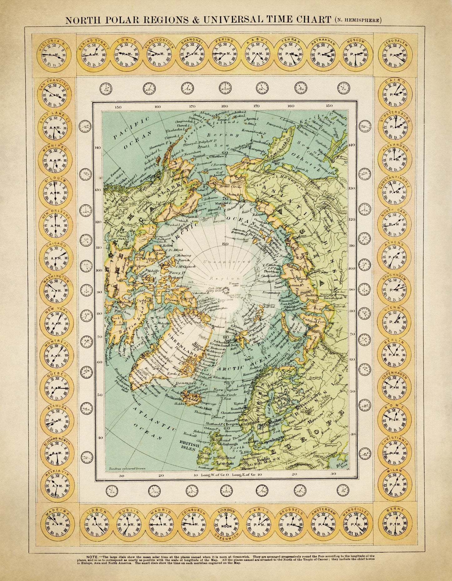 North Polar Regions and Universal Time Chart (Northern Hemisphere) dated 1909