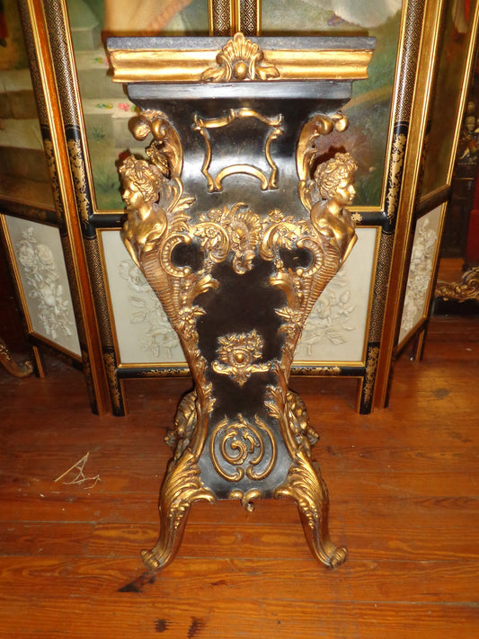 French Louis XV - Pair Black Marble Top Pedestal Table w/ Gold Gilded