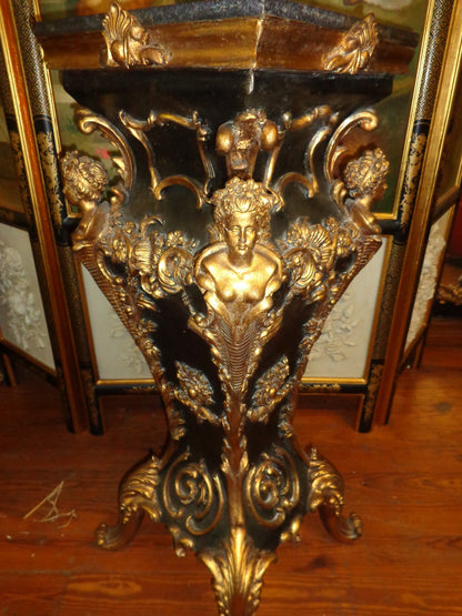 French Louis XV - Pair Black Marble Top Pedestal Table w/ Gold Gilded