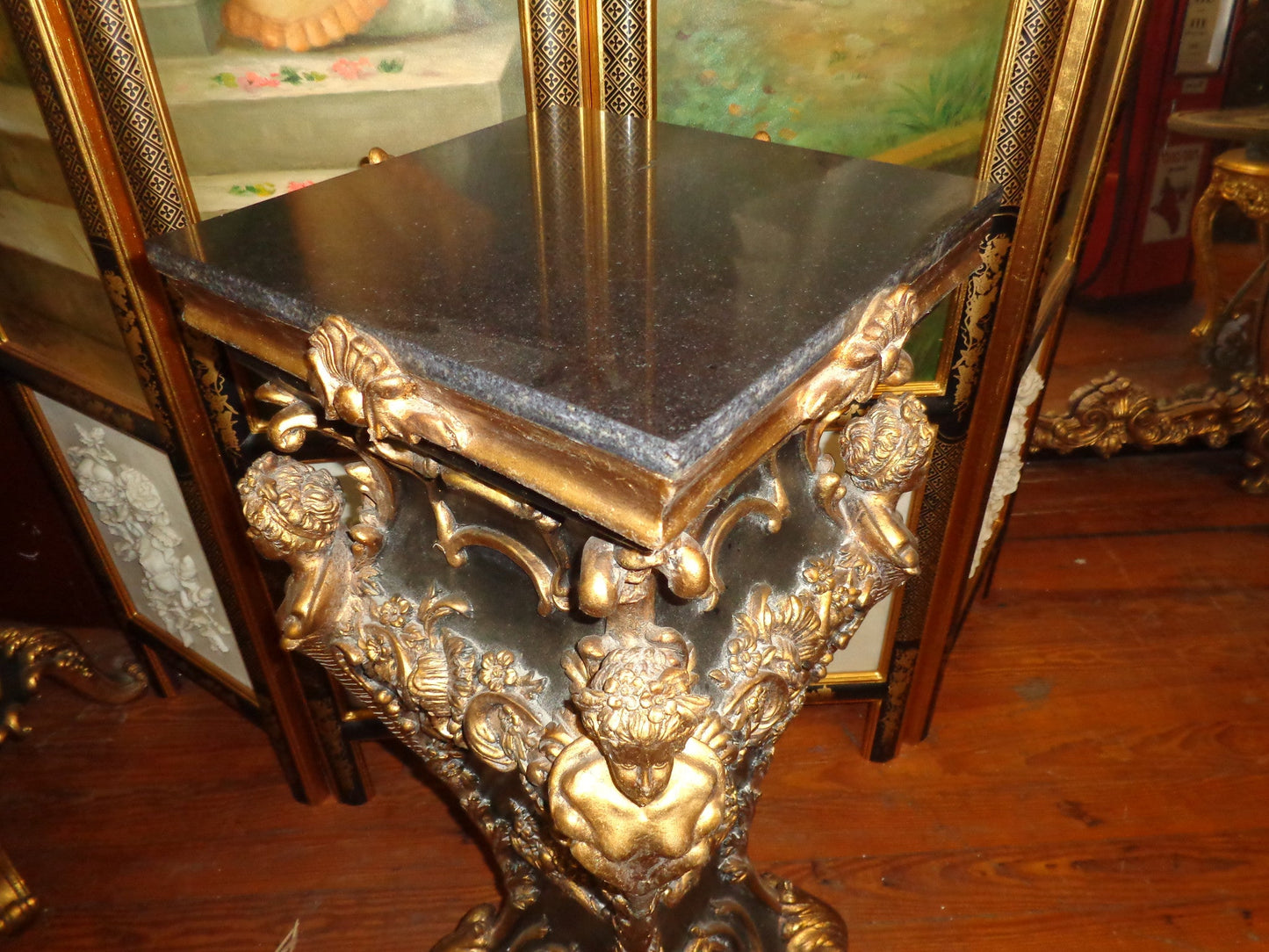 French Louis XV - Pair Black Marble Top Pedestal Table w/ Gold Gilded