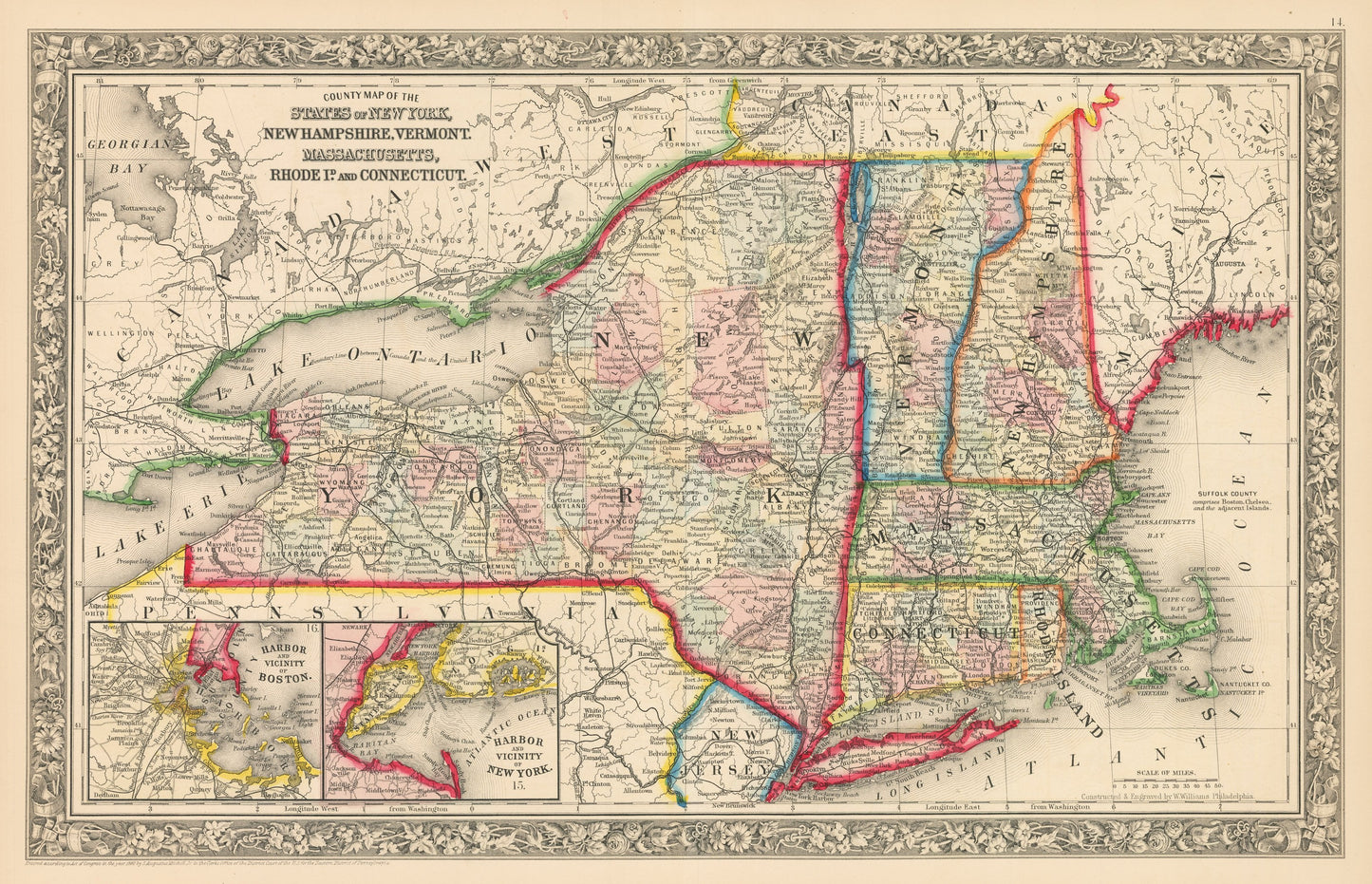 1862 County Map of the States of New York, New Hampshire, Vermont, Massachusetts, Rhode Island, and Connecticut