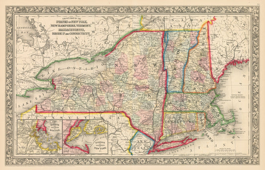 1862 County Map of the States of New York, New Hampshire, Vermont, Massachusetts, Rhode Island, and Connecticut