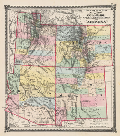 1875 County Map of Colorado, Utah, New Mexico, and Arizona