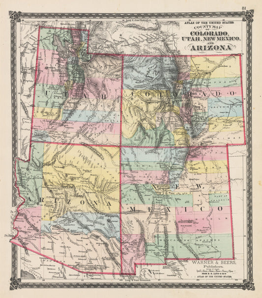 1875 County Map of Colorado, Utah, New Mexico, and Arizona