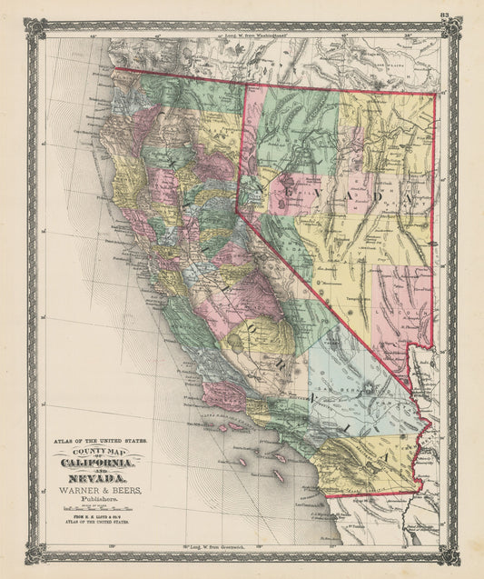 1875 County Map of California and Nevada