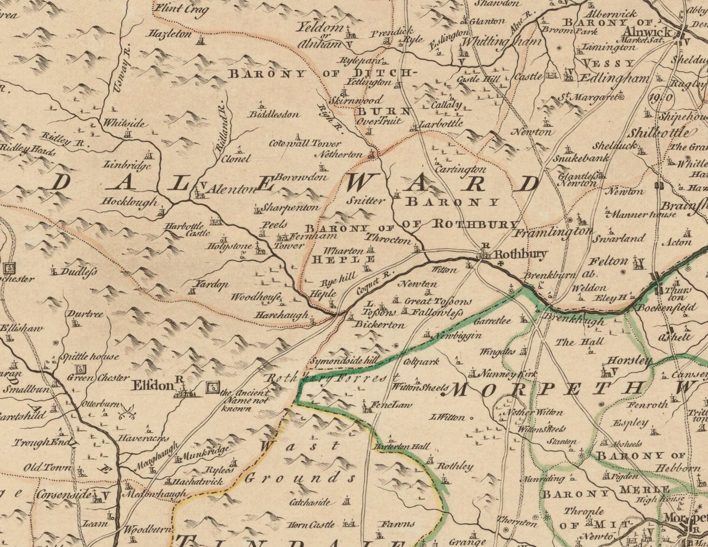 Northumberland Map dated 1760 divided into the wards