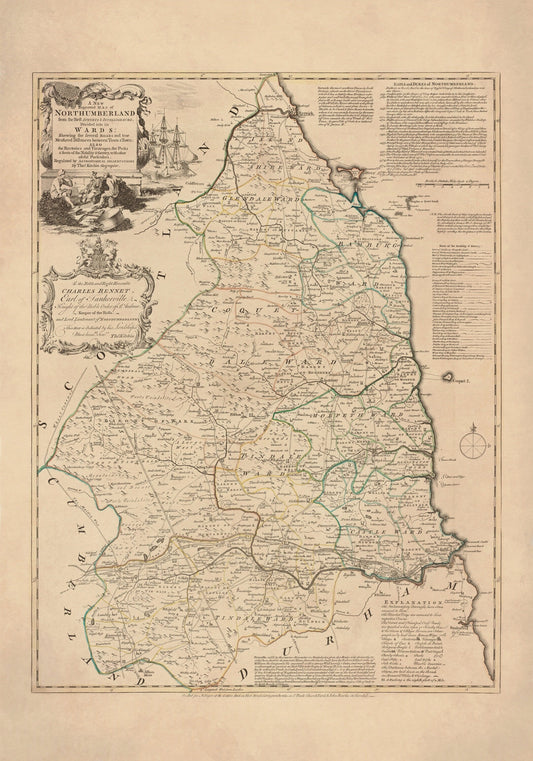 Northumberland Map dated 1760 divided into the wards