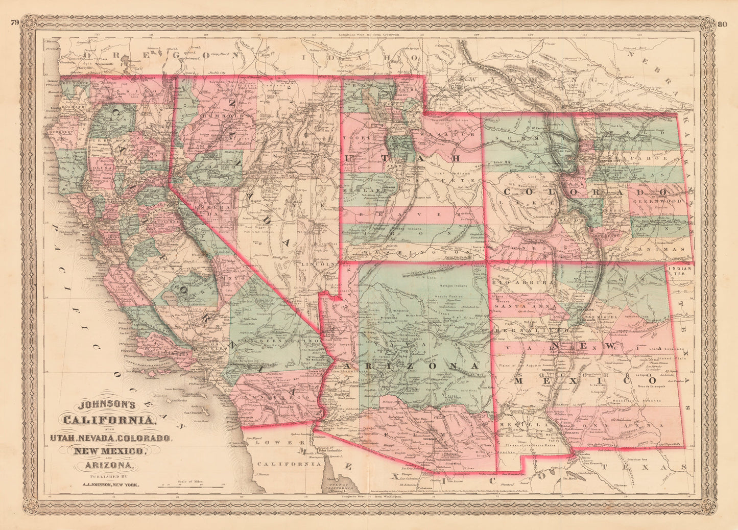 1872 Johnson's California also Utah, Nevada, Colorado New Mexico and Arizona